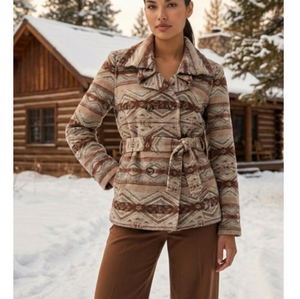 Daughters of the Liberation Women's Tan iKat Poetry Coat Jacket Size S (C-1)